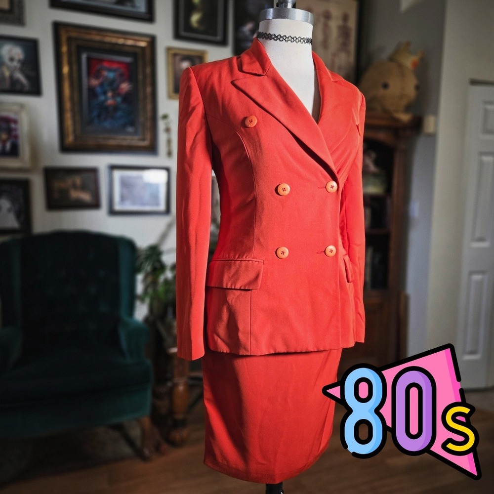 Vintage 80s Votre Nom Paris Red Double Breasted Skirt Suit Set‎